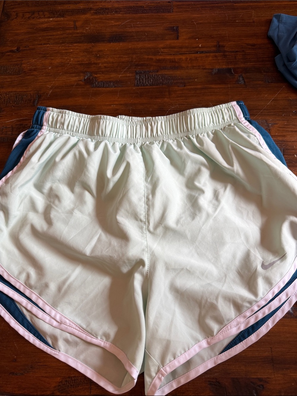 Nike Women's Mint Green Athletic Shorts with White Trim and Navy Accents